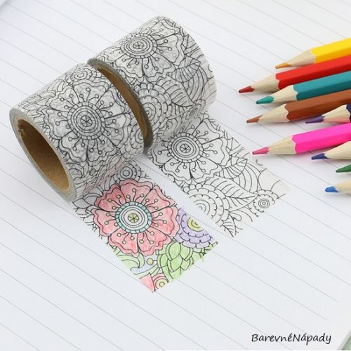 washi páska 30mm_vybarvovací doodle květiny